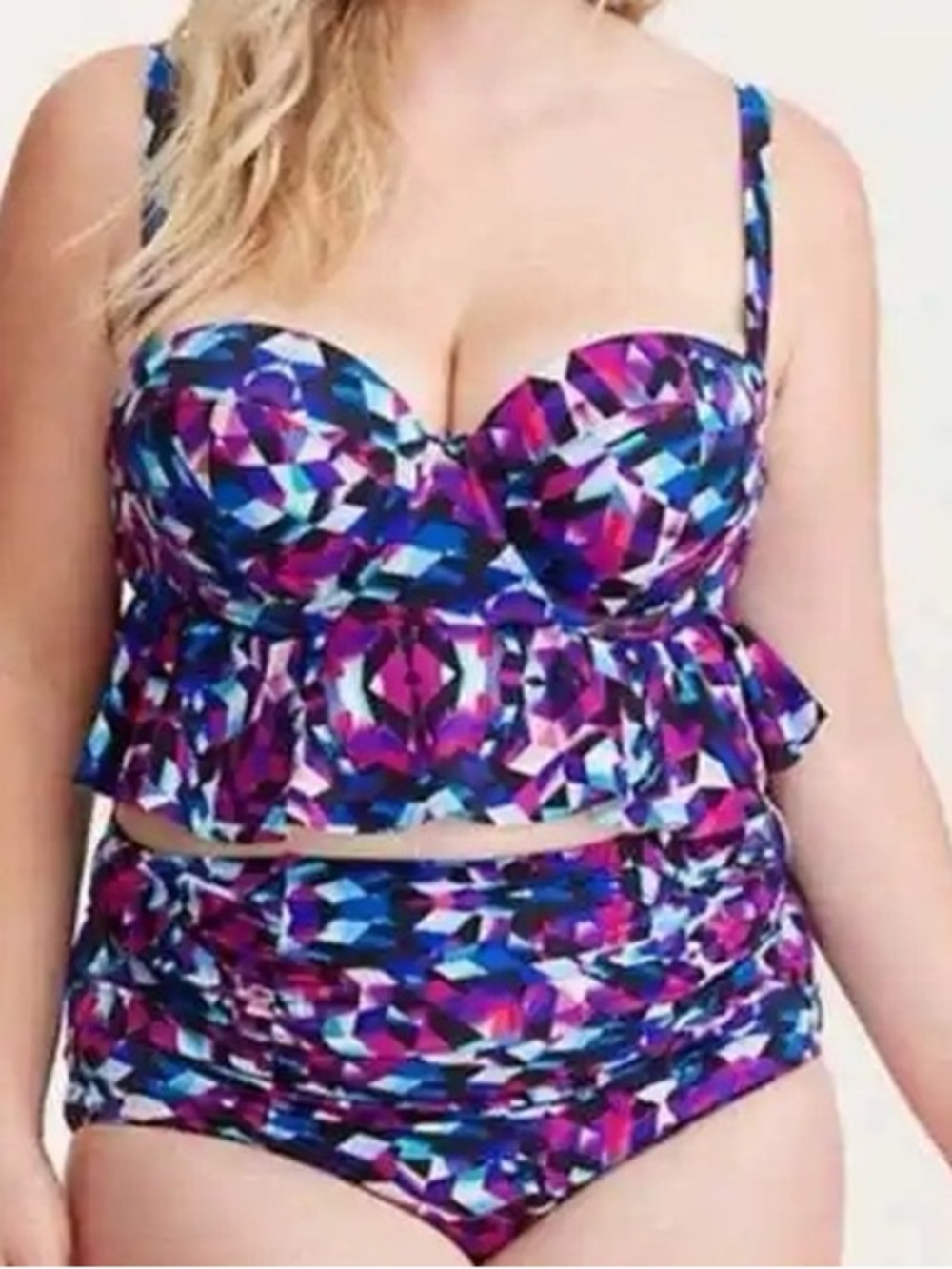 Torrid Geometric Peplum Push Up Bikini Top Size 1 14 16 C DD Purple Blue